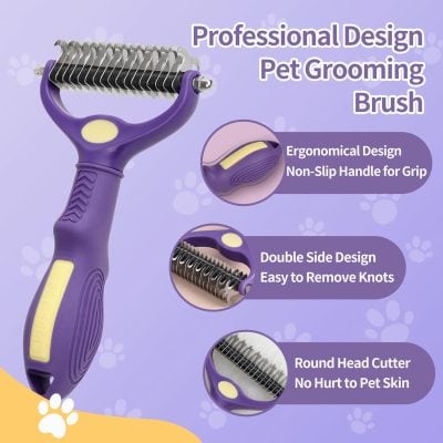 Professional pet grooming brush with ergonomic non-slip handle for easy grip and knot removal, featuring double-sided design and gentle round head cutter for pet comfort.
