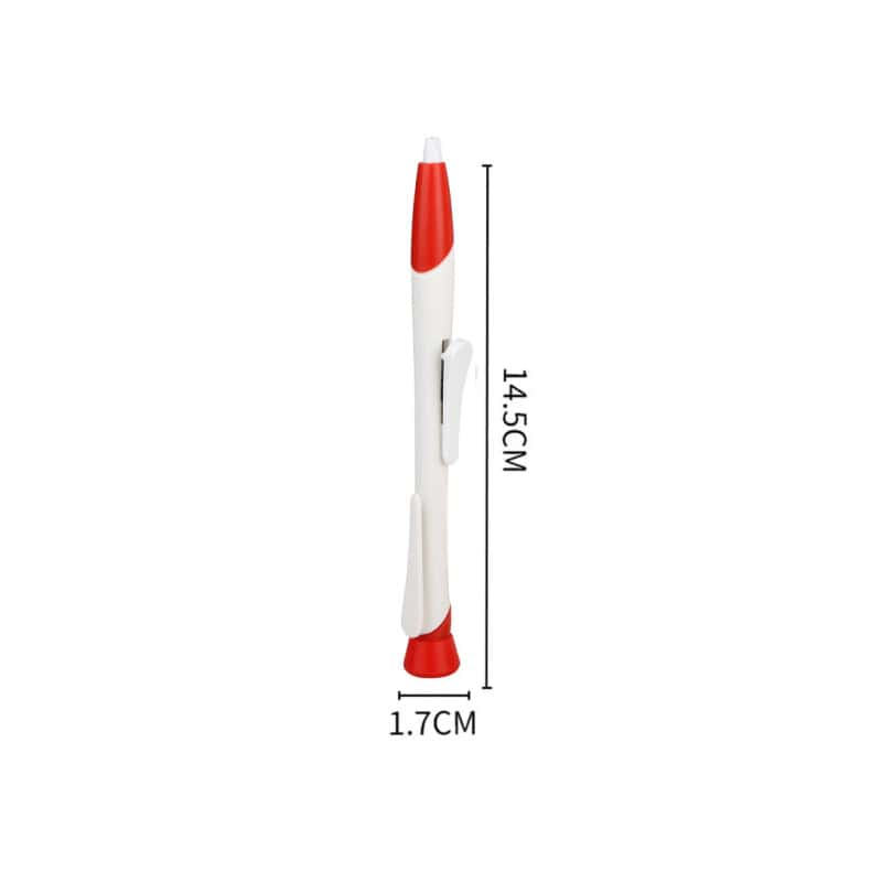 Miniature red and white ballpoint pen with measuring lines, 14.5 cm long, portable writing instrument for optometry professionals and stylish stationery accessories.