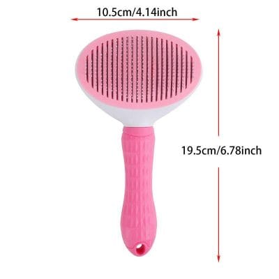 Pink pet grooming brush for cats and dogs, ergonomic handle, gentle silicone bristles, effective fur detangling and cleaning, ideal for pet grooming routines.