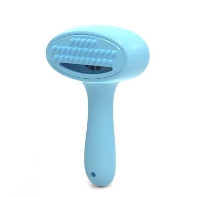 Blue pet grooming brush with ergonomic handle and silicone bristles for gentle hair removal and detangling pet fur, ideal for dogs and cats.