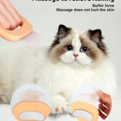 Gentle cat grooming brush for pet hair removal, soothing massage to reduce itching and loose hair, easy to clean, safe for cats and puppies, effective pet hair shedding tool.