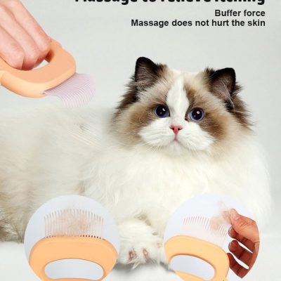 Gentle cat grooming brush for pet hair removal, soothing massage to reduce itching and loose hair, easy to clean, safe for cats and puppies, effective pet hair shedding tool.