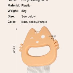 Cute cat-shaped grooming comb in vibrant blue, yellow, and purple colors, made of durable plastic with gentle metal teeth for effective pet grooming. Perfect for cats of all sizes.