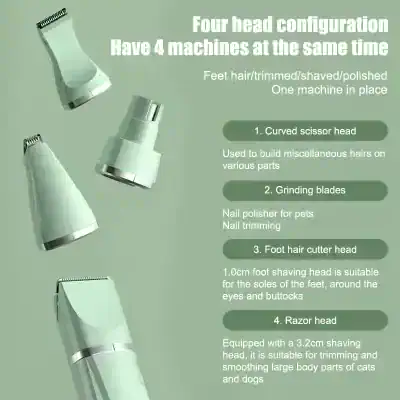 Four head grooming tools with four machines for trimming, shaving, and polishing hair on feet, nails, and body, including curved scissors, grinding blades, foot hair cutter, and razor head for pets and humans.
