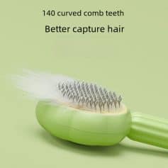 Light green hairbrush with metal bristles and white hair caught in bristles, close-up, healthy hair care, scalp massage tools, Monalisa Store opt, professional hair styling accessories, hairbrush for better hair capture, hair grooming, salon quality hairbrush, cruelty-free hairbrush product image.