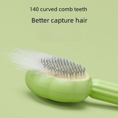 Light green hairbrush with metal bristles and white hair caught in bristles, close-up, healthy hair care, scalp massage tools, Monalisa Store opt, professional hair styling accessories, hairbrush for better hair capture, hair grooming, salon quality hairbrush, cruelty-free hairbrush product image.