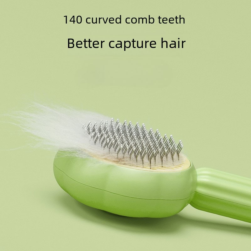 Light green hairbrush with metal bristles and white hair caught in bristles, close-up, healthy hair care, scalp massage tools, Monalisa Store opt, professional hair styling accessories, hairbrush for better hair capture, hair grooming, salon quality hairbrush, cruelty-free hairbrush product image.