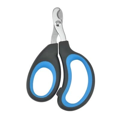 Stainless steel cuticle nippers with ergonomic black and blue rubber handle for precise grooming and nail care. Ideal for professional and home manicure treatments.