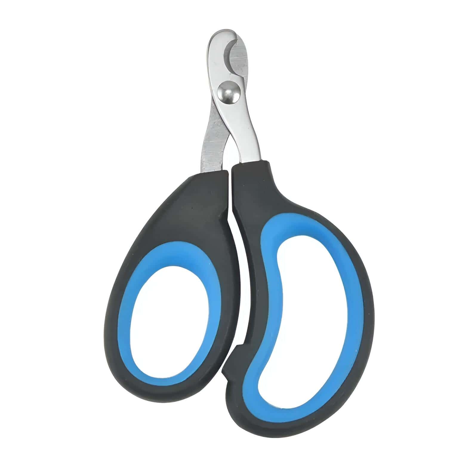 Stainless steel cuticle nippers with ergonomic black and blue rubber handle for precise grooming and nail care. Ideal for professional and home manicure treatments.