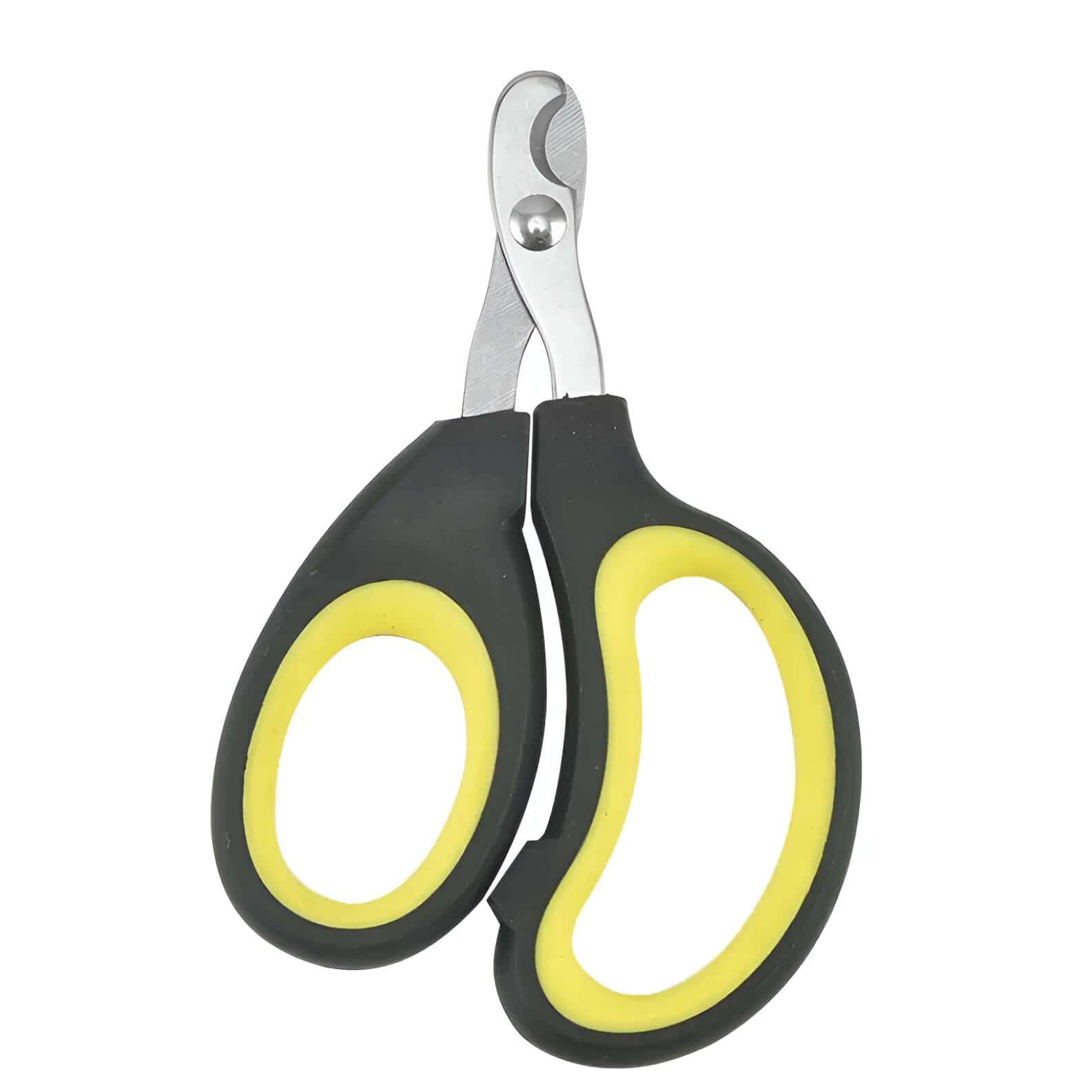 Steel cuticle scissors with ergonomic black and yellow rubber handles for precise nail grooming and pedicure care. Perfect for professional and home use.