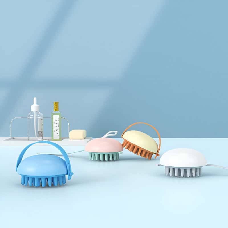 Colorful handheld silicone facial cleansing brushes for skincare routines, displayed on a pastel background. Perfect for exfoliating and facial cleansing, ideal for use at home or in beauty salons.