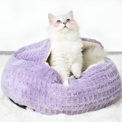 Fluffy white cat with digital blush and cute eyes relaxing in a soft lavender pet bed.