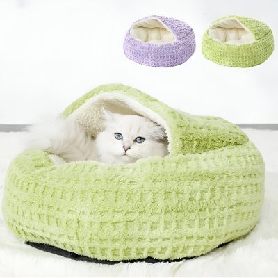 Luxurious green plush cat bed with soft interior and cozy hood, ideal for comfortable pet lounging, featured on Monalisa Medical store's pet accessories collection.