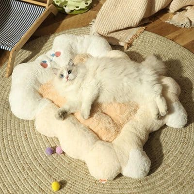 Fluffy white and gray cat lying on bear-shaped plush blanket, cozy pet resting on soft cushion, comfortable home decor, adorable feline, warm living room setting.