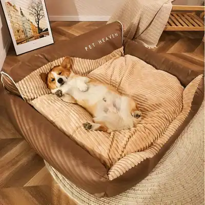 Luxurious pet sofa with plush cushions and cozy blanket, perfect for small dogs like this adorable corgi, designed for comfort and style in pet heaven.