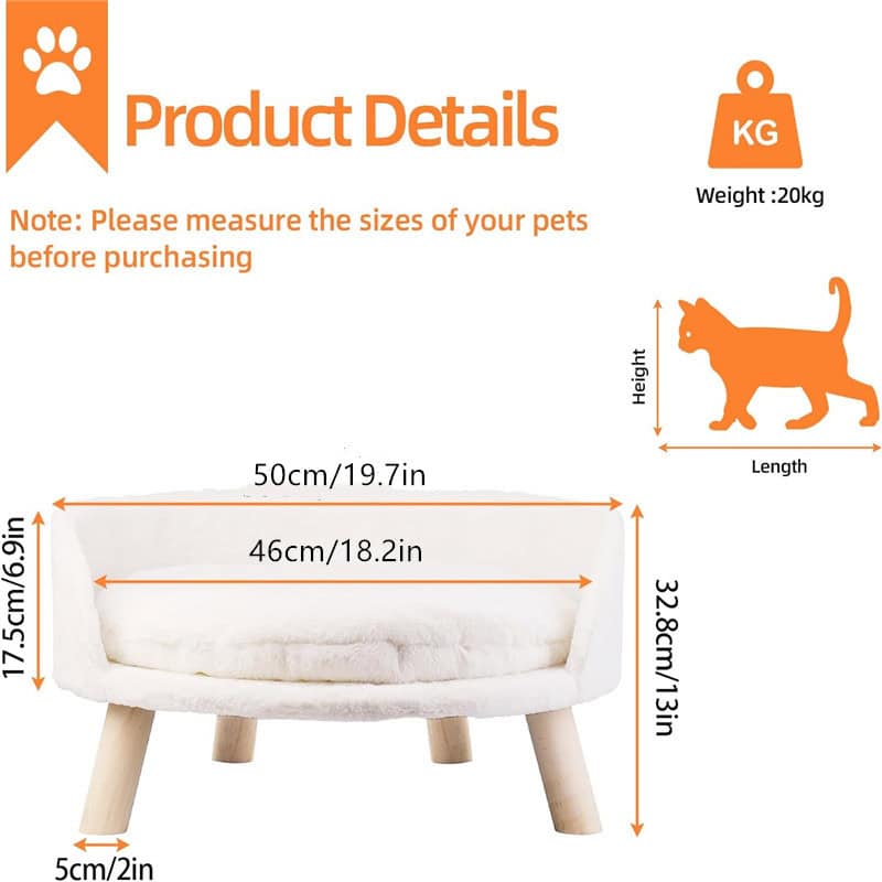 Pet bed with beige fluffy cushion and wooden legs, ideal for small dogs and cats. Measures 50cm x 17.5cm x 32.8cm, supporting pets weighing up to 20kg, perfect for comfortable pet lounging.