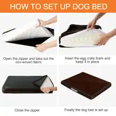 Lightweight dog bed setup instructions, including zipper opening, inserting foam, zipper closing, and bed assembly for pet comfort. Perfect for pet owners seeking easy dog bed setup.