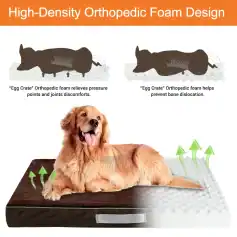 Orthopedic foam dog bed with high-density foam for pressure relief and joint support, featuring egg crate design to prevent bone dislocation and enhance comfort for pets.