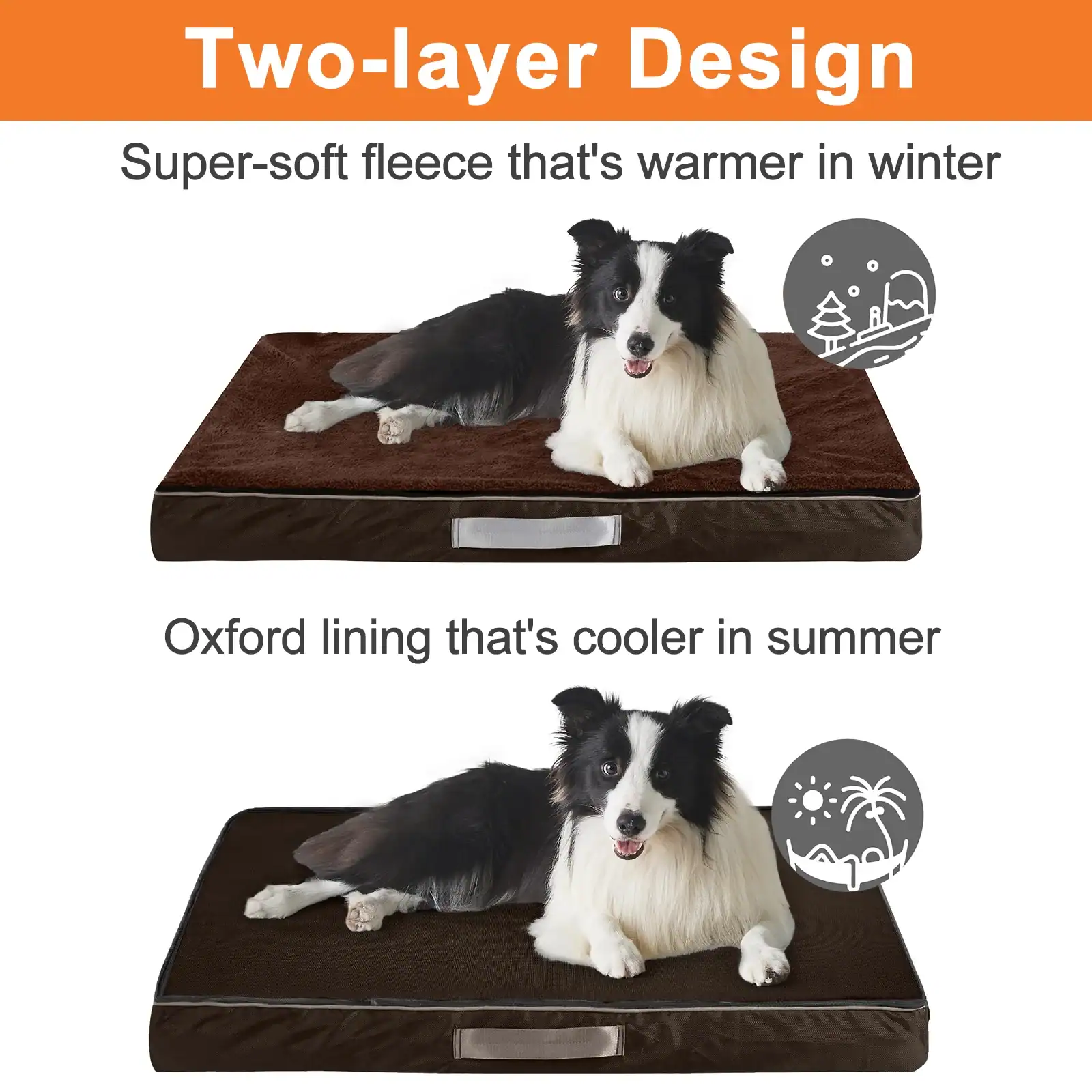 Luxurious dog bed with double-layer fleece and Oxford lining, designed for warmth in winter and cooling in summer, ideal for pets seeking comfort and temperature regulation.