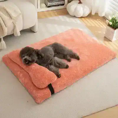 Luxury pet memory foam mattress, dog sleeping on plush pink bed, comfortable pet bed for dogs, Monalisa Store pet accessories, soft and durable pet sleep cushion for small to medium dogs.
