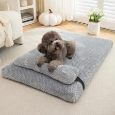 Comfortable gray pet bed with plush cushion, perfect for small dogs or cats, on a cozy indoor rug with natural sunlight streaming in.