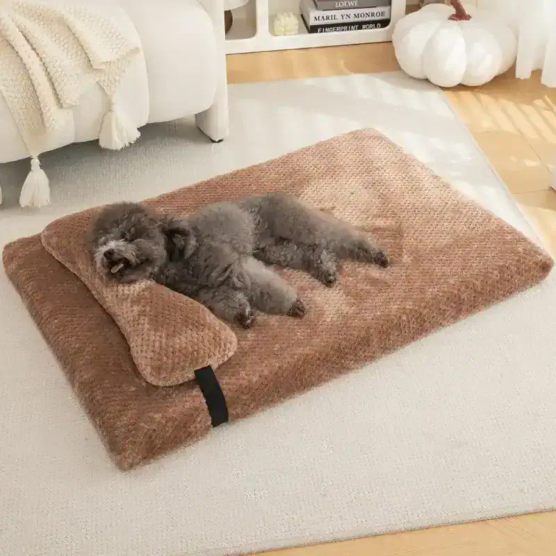 Soft cozy pet bed with plush cushion, ideal for small dogs or cats, featuring a supportive ergonomic design for restful naps. Perfect for modern home decor and pet comfort.