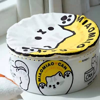 Moomoo cat packaging for natural pet food, eco-friendly design with adorable cat illustration and bright yellow accents, ideal for pet nutrition products at Monalisa Store.