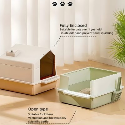 Cat litter box with enclosed and open designs for pets, suitable for cats over 1 year old and kittens, featuring odor control, ventilation, breathability, and scientific baffle for hygiene and comfort.