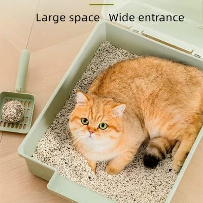 Fresh cat litter box with a ginger cat lying inside, featuring a wide entrance and spacious design, available at Monalisa Medical Store for pet care and hygiene.