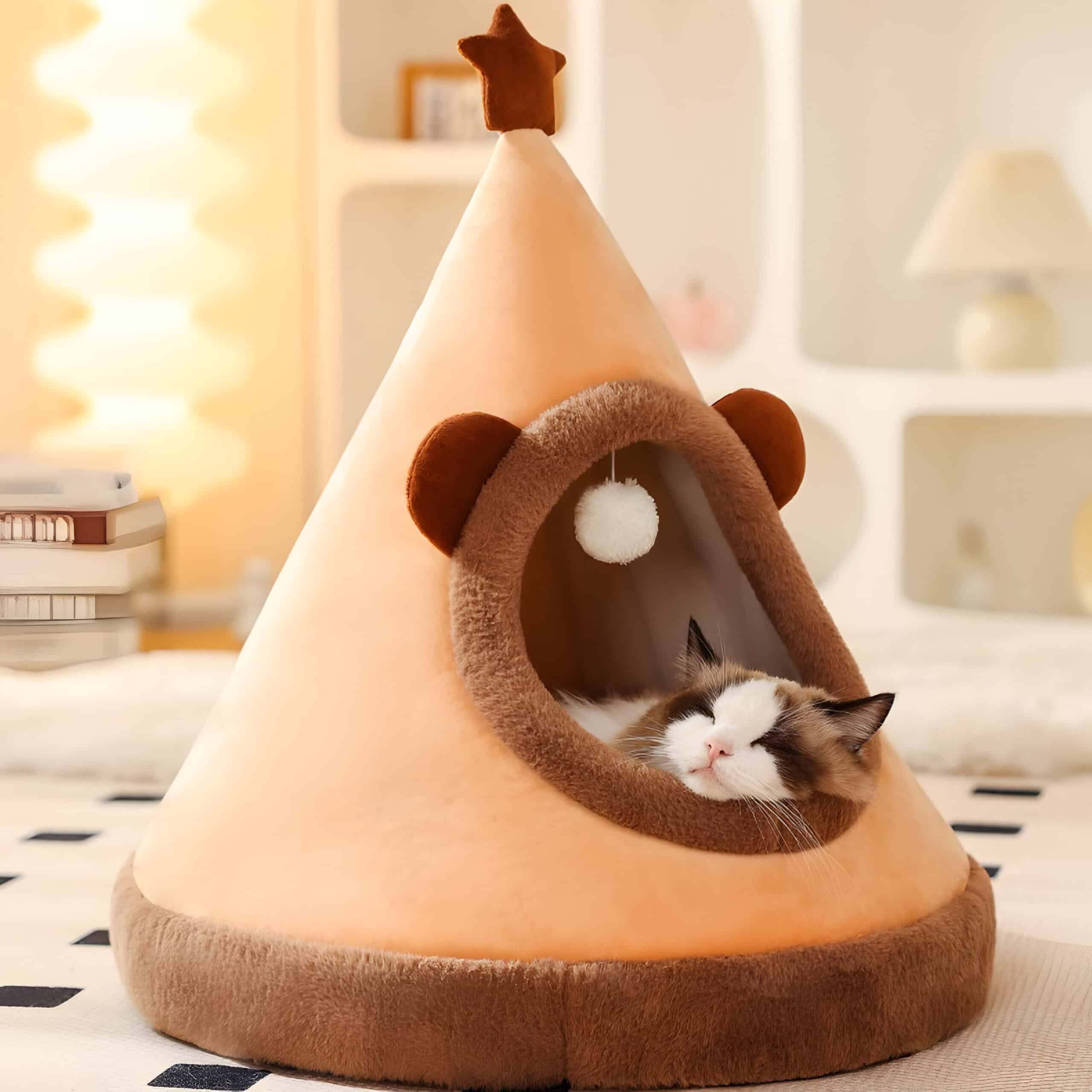 Plush cat house shaped like a tipi with cozy interior and playful design, perfect for pet comfort and decor enhancement in modern homes.