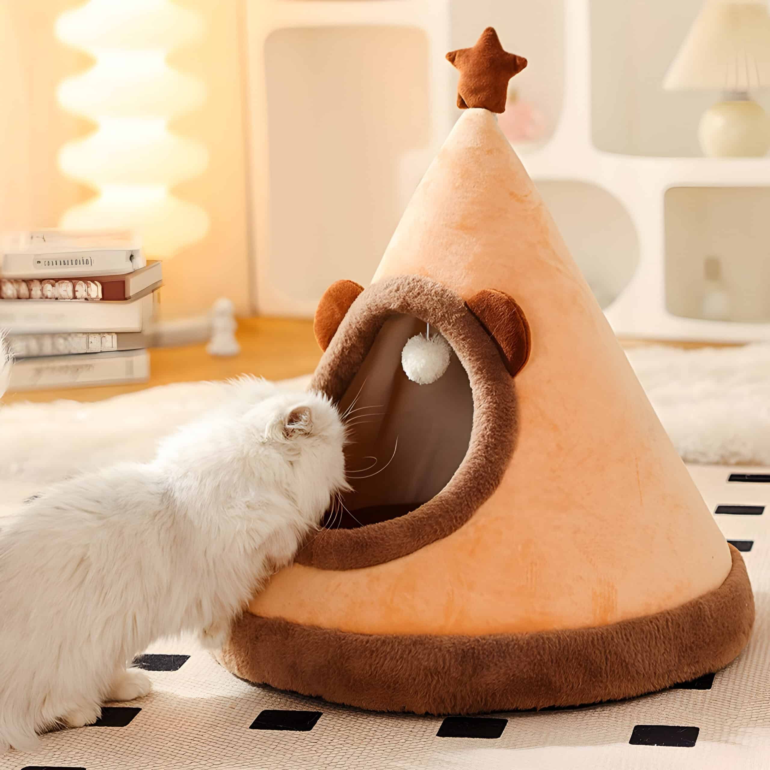 Cute white cat exploring a cozy, plush pet cave shaped like a star with a soft entrance and furry accents, perfect for small pets and cats.