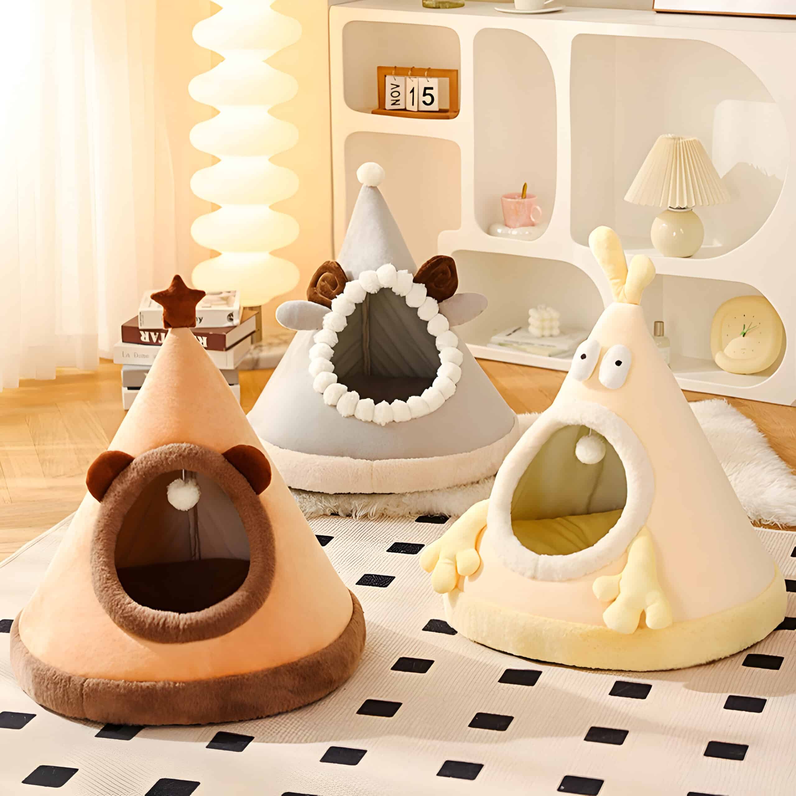 Soft plush animal-shaped pet beds with cozy interiors and playful designs for cats and small dogs, set in a warm, stylish living room with modern decor.