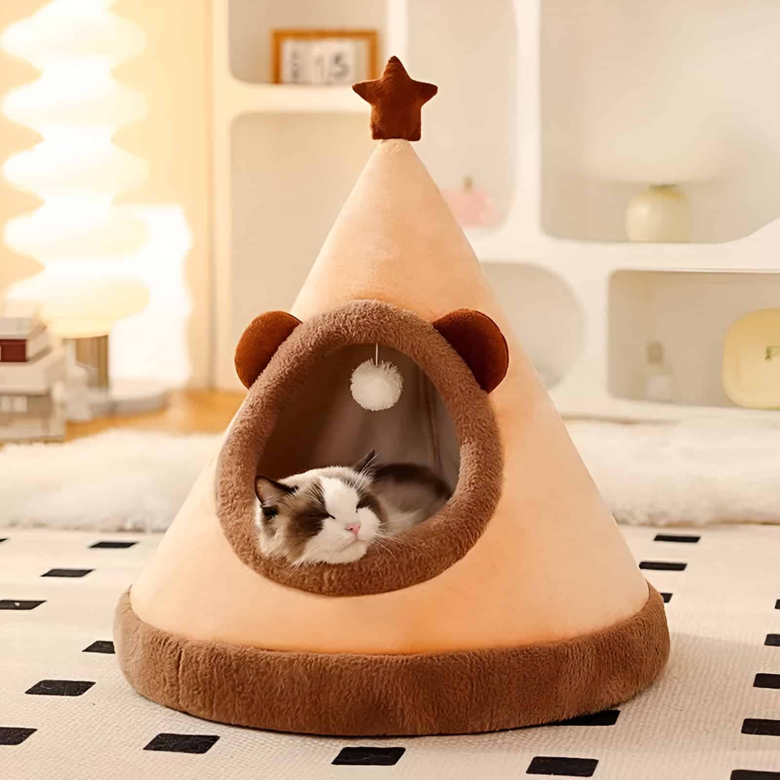 Cosy cat bed shaped like a teepee with a sleeping cat inside, perfect for pet comfort and style, ideal for cat lovers and home decor, Monalisa Store.
