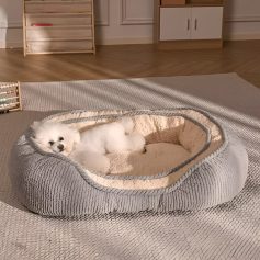 Dog lying inside a cozy pet bed in a stylish room at Monalisa Store, offering premium pet accessories and furniture for pet comfort and style.
