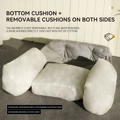 Removable white sofa cushions with protective covers, designed for easy cleaning and maintenance, ideal for modern interior decor.