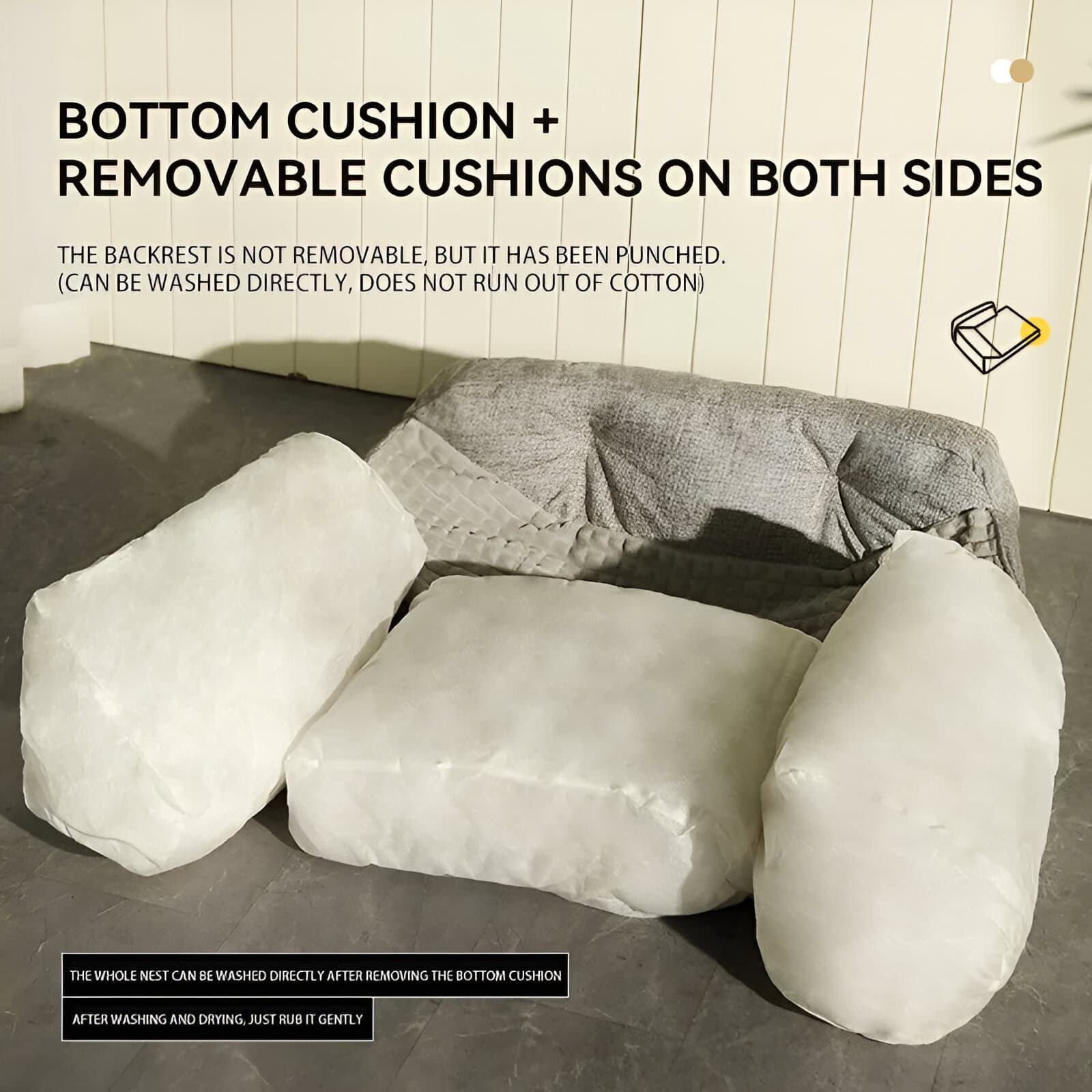 Removable white sofa cushions with protective covers, designed for easy cleaning and maintenance, ideal for modern interior decor.