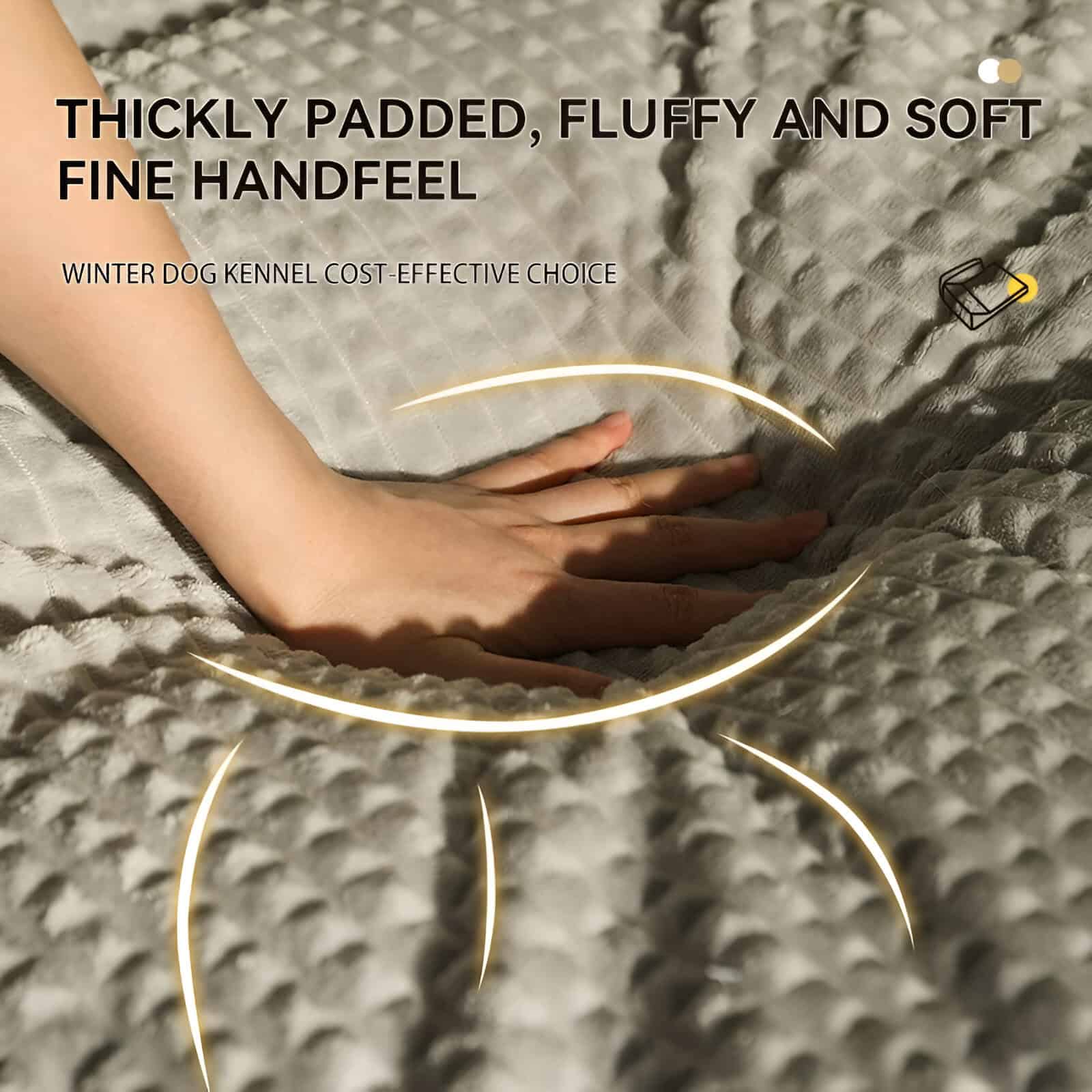 Ultra-soft, padded dog bed with fluffy, cushioned surface for winter dog kennels, offering comfort and warmth for pets. Perfect for winter dog kennel, cozy pet bed for cold weather, plush pet bedding.