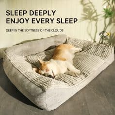 Relaxing dog sleeping on bed promoting restful sleep and comfort.