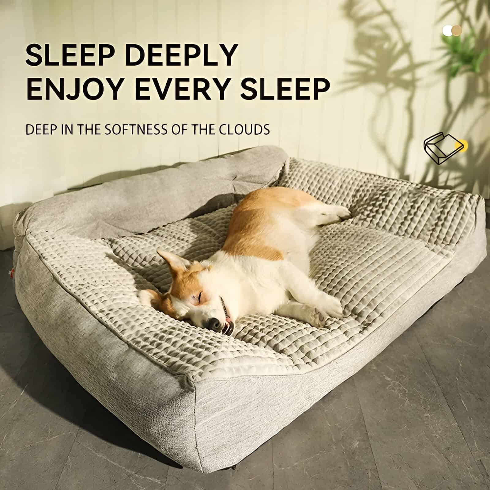 Relaxing dog sleeping on bed promoting restful sleep and comfort.