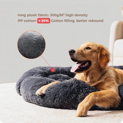 Fluffy dog bed, pet bed, cozy dog bed with plush fabric for pet comfort.