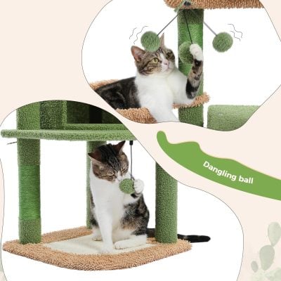 Soft plush green and beige cat tree with dangling balls, scratching posts, and cozy perches, perfect for cats to play, scratch, and relax, enhancing feline comfort and entertainment.