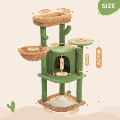 Versatile cat tree and scratching post with multiple platforms, cozy hideouts, and perches for climbing and scratching, ideal for feline enrichment and entertainment.