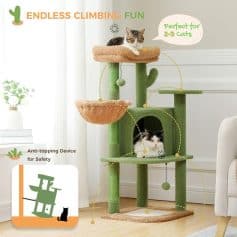 Cat climbing tree with multiple platforms and cozy bed, perfect for 2-3 cats, anti-topping safety device, eco-friendly sisal posts for scratching, featured at Monalisa Medical store for pet owners.