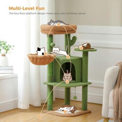 Colorful cat tree with multiple platforms and cozy hideouts for cats, designed for fun and enrichment, perfect for keeping your feline entertained indoors.