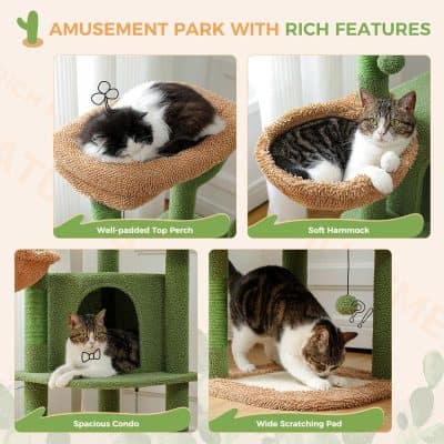 Cat relaxing on top perch in cozy pet furniture, plush hammock and scratching pad for cats, spacious condo for feline play and rest, perfect for indoor cats and litter to enhance their comfort and activity.