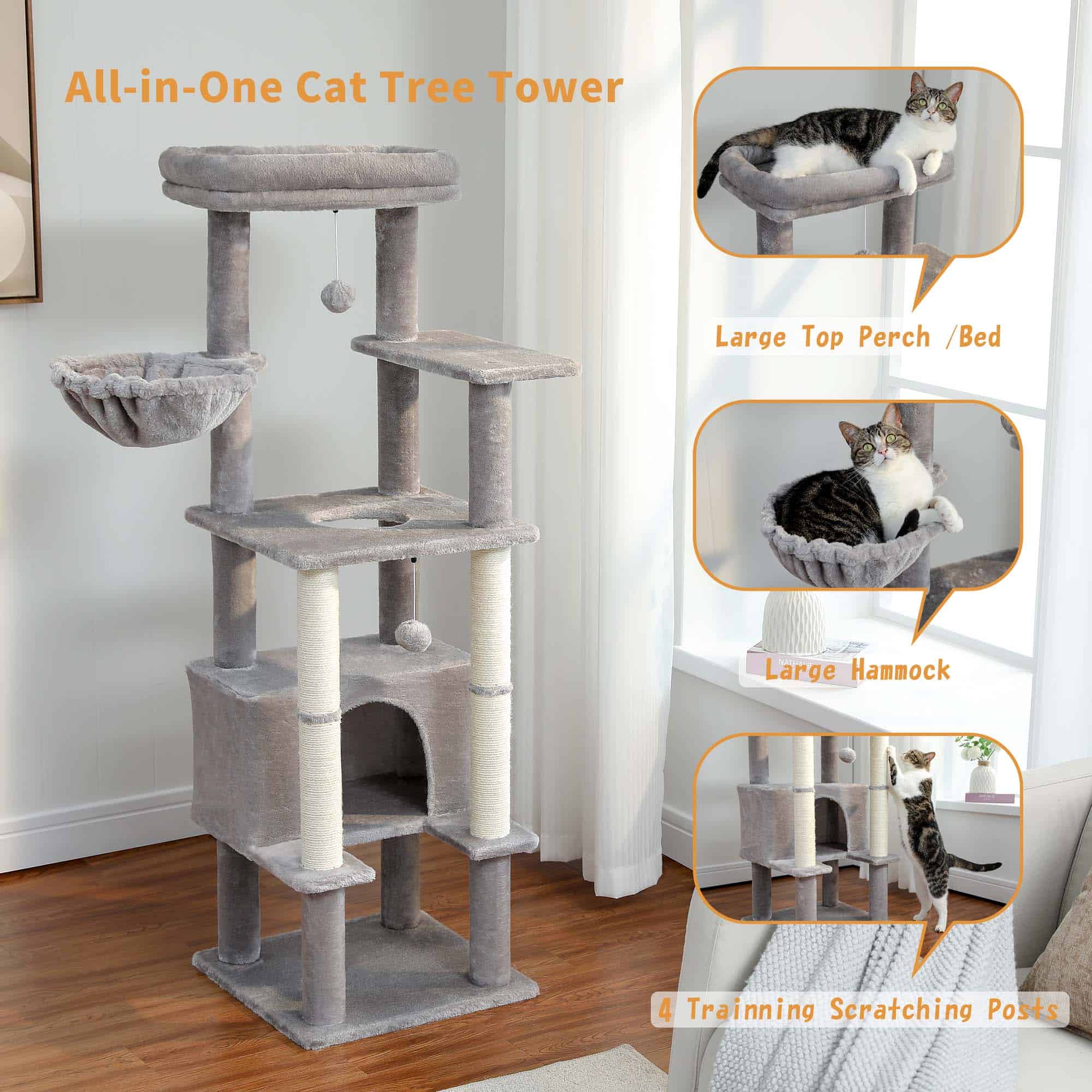 Cat tree with multiple platforms and scratching posts for indoor cats, featuring a large top perch, hammock, and training posts; ideal for feline play and relaxation.