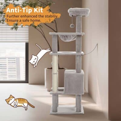Safa kitty cat climbing tree with multiple platforms and a cozy hammock, ideal for feline enrichment and entertainment.