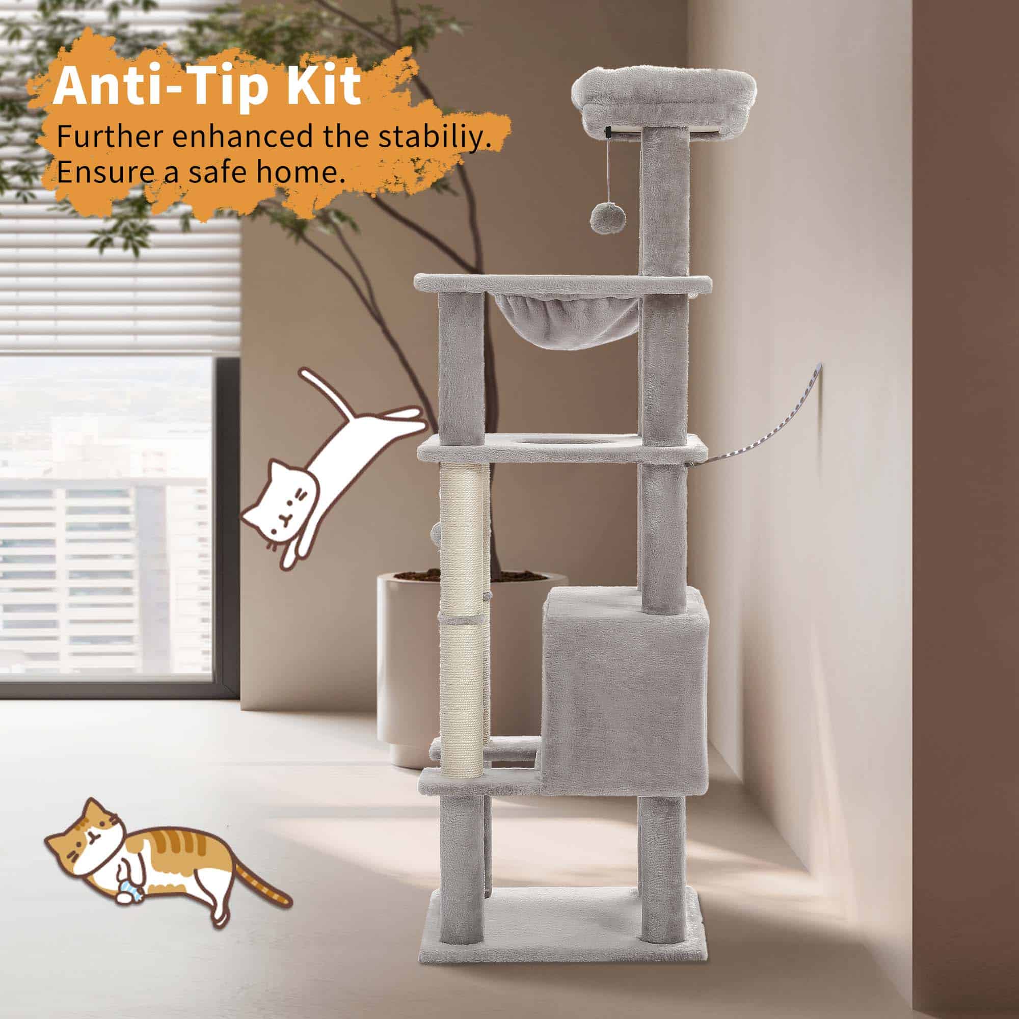 Safa kitty cat climbing tree with multiple platforms and a cozy hammock, ideal for feline enrichment and entertainment.