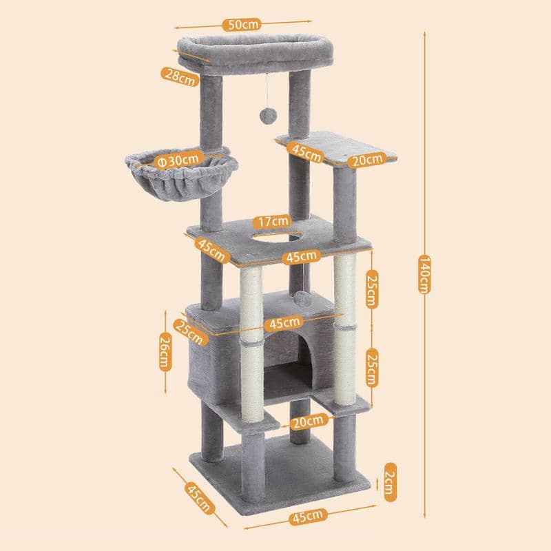 Modern multi-level cat tree with scratching posts, cozy cubbies, and play areas, perfect for pets. Durable, soft fabric, 140cm tall, designed for indoor felines to climb, scratch, and relax comfortably.