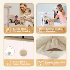 Vacuum cleaner with plush roller attachment, washable laundry machine soft pompom, and washable plush top perches for pet beds or furniture cleaning for pet owners and caregivers.